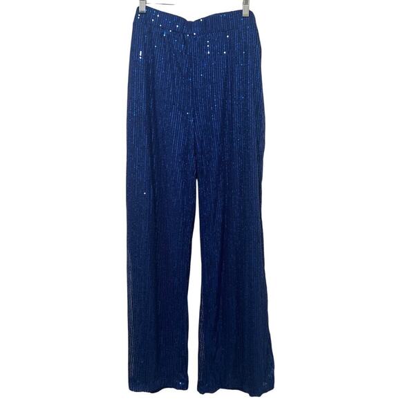 Unbranded Pants - Women's Blue Elastic Waist Sparkly Sequins Wide Leg Pull On Pants Size 2XL